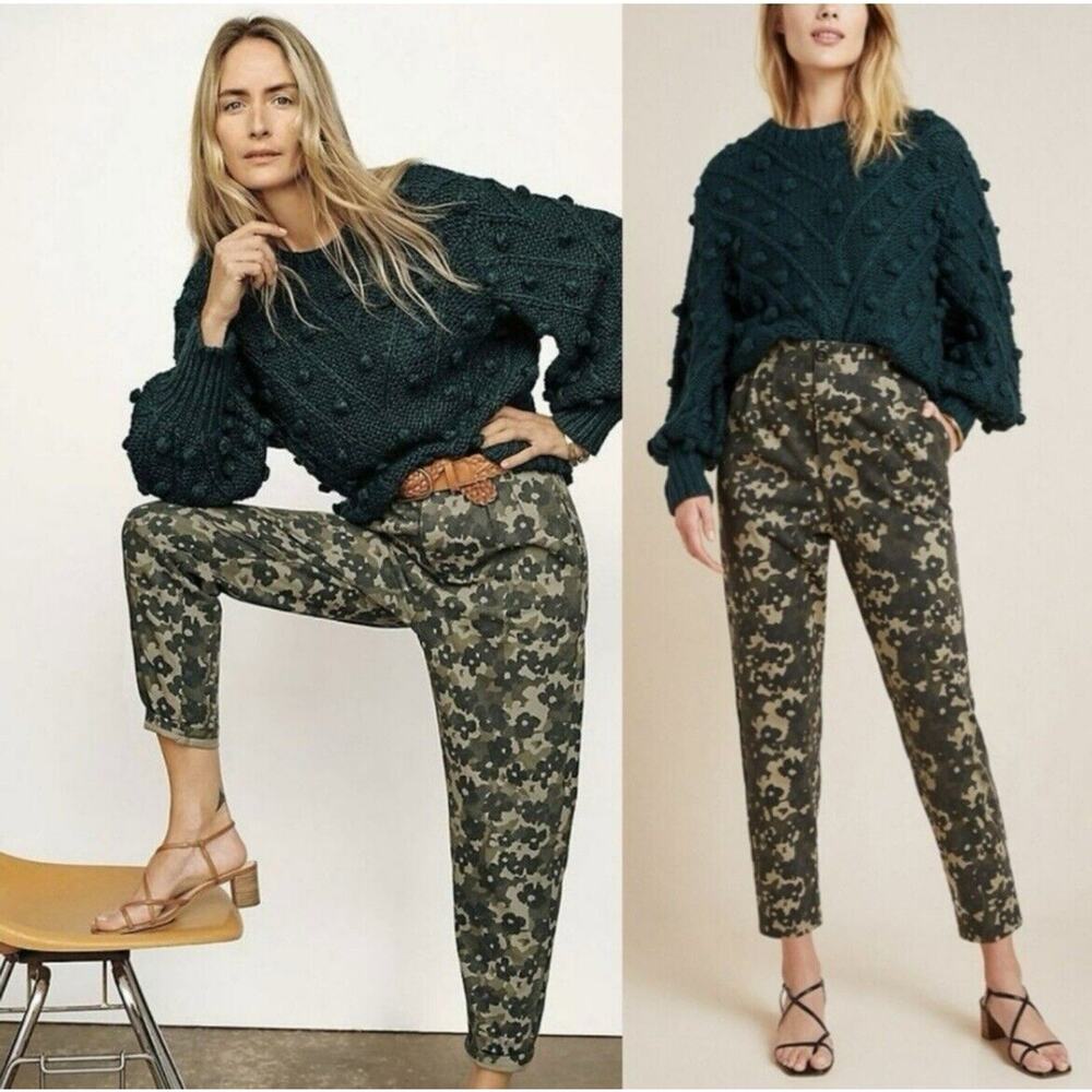 NWT Anthropologie Amadi Floral Camo Green High-Waisted‎ Tapered Trousers Medium